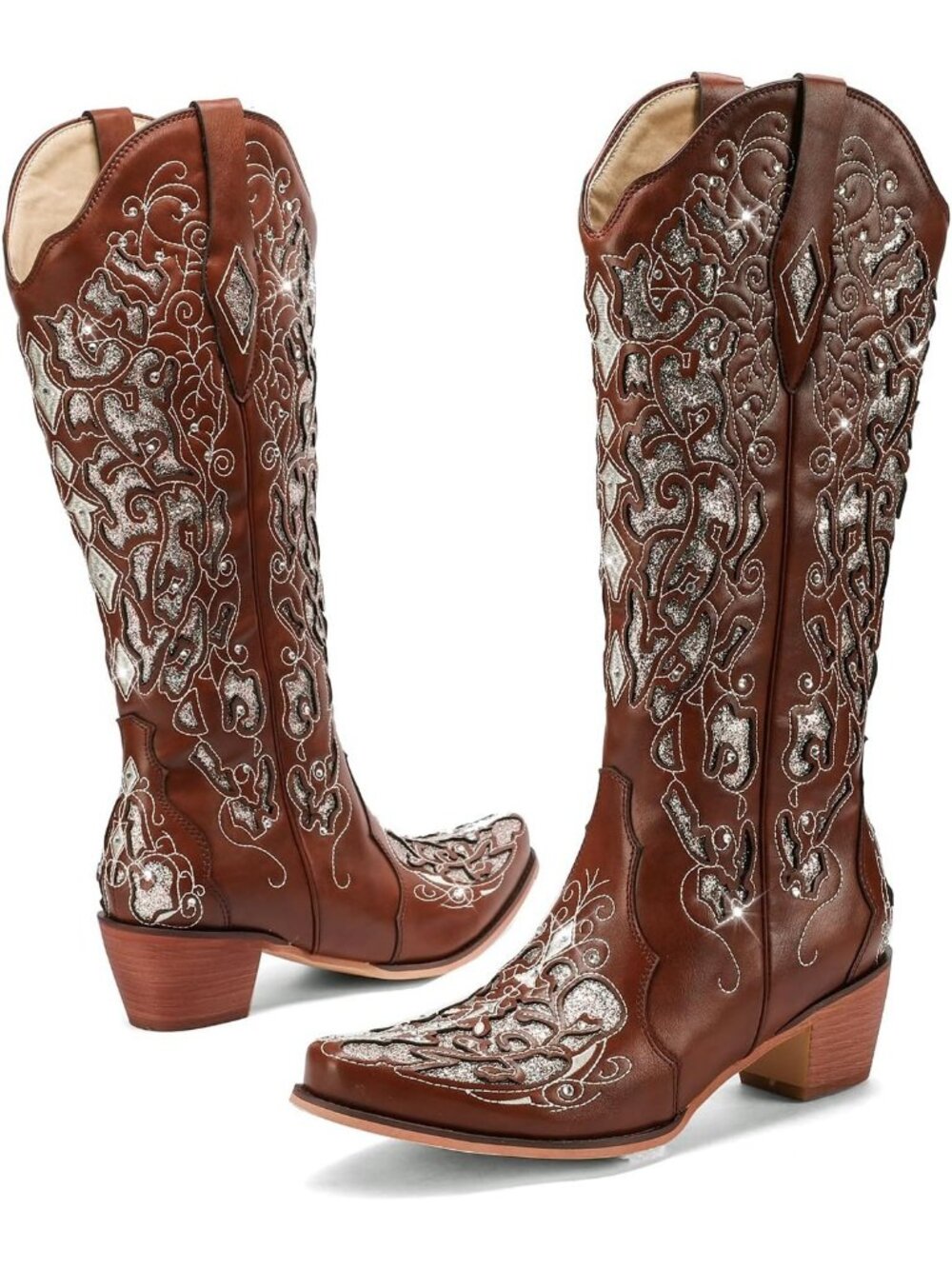 Women's Brown Embroidered Rhinestone Wooden Heel Pointed Toe Knee High Boots